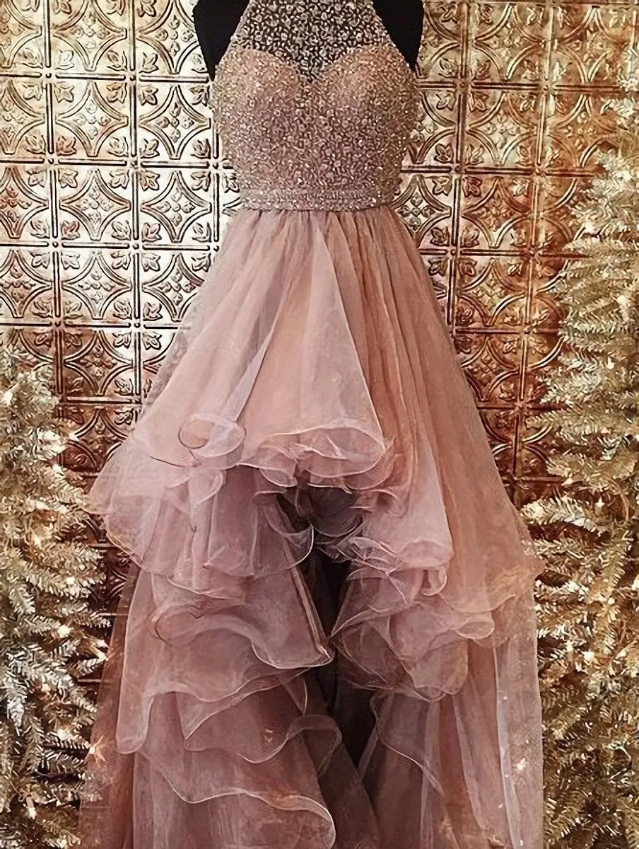 2023 Glamorous Pink Beading Layers Asymmetrical Tulle Prom Dresses