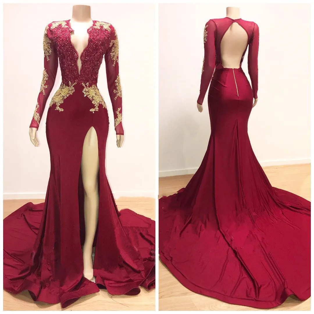 2023 Sheath Long Sleeves Burgundy and Gold Appliques Side Slit Deep V Neck African American Backless Prom Dresses