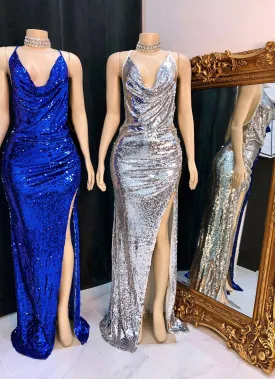 2023 Silver Halter Sequence Side Slit Backless Long Prom Dresses