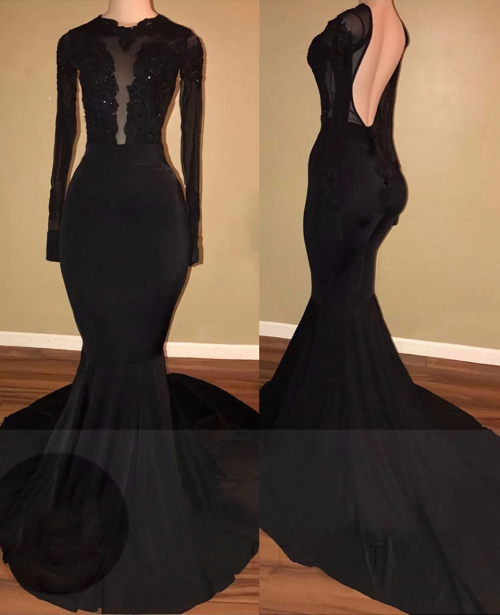 2023 Unique Black Long Sleeves Mermaid Backless Prom Dresses