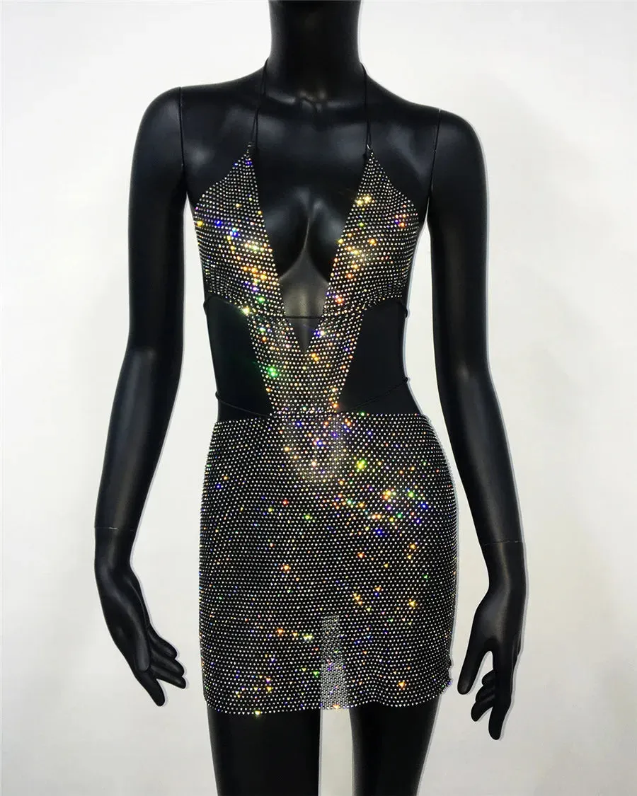 2024 Glitter Diamond Backless Halter Neck Mini Dress Cut Out Dresses