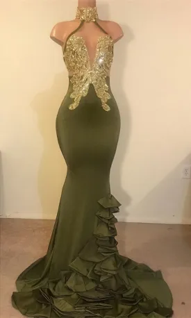 2024 New Arrival Mermaid High Neck Beaded Green Ruch Backless Prom Dresses