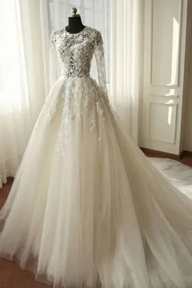 2024 Newest A Line Long Sleeves Tulle With Appliques Wedding Dresses