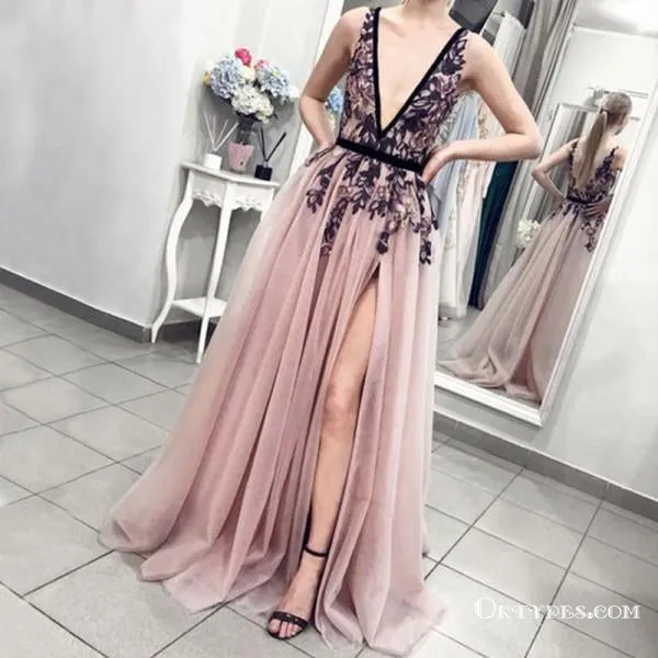 A-Line Deep V-Neck Backless Pink Tulle Long Prom Dress with Appliques, TYP1640