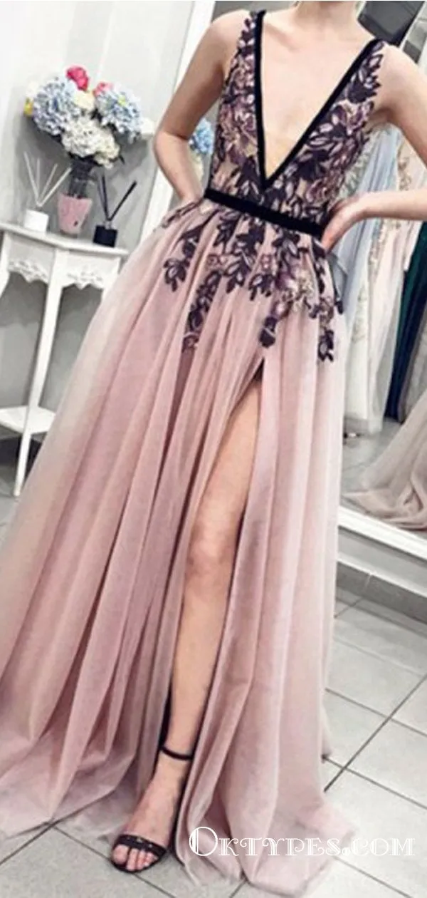 A-Line Deep V-Neck Backless Pink Tulle Long Prom Dress with Appliques, TYP1640