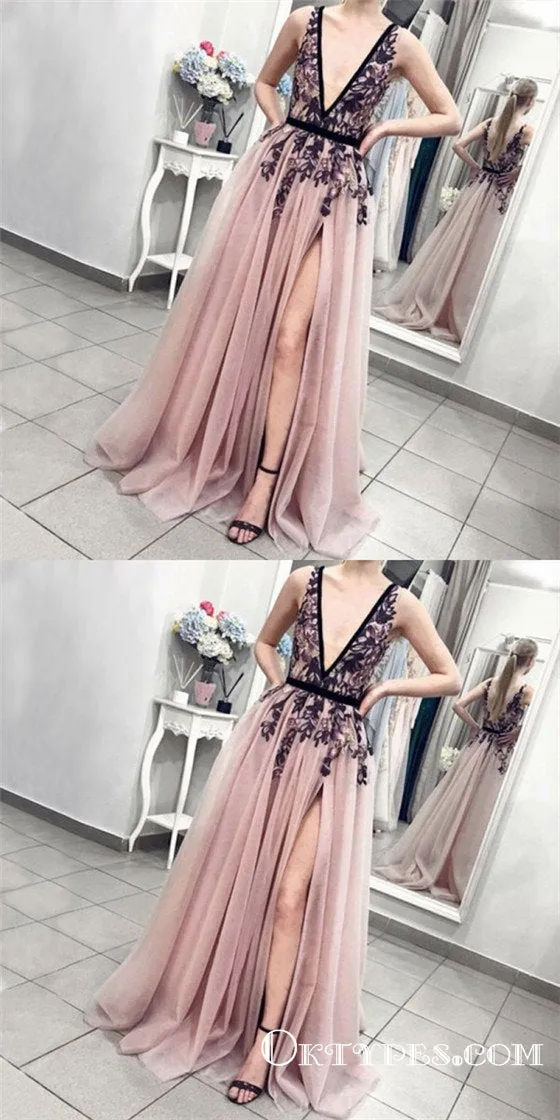 A-Line Deep V-Neck Backless Pink Tulle Long Prom Dress with Appliques, TYP1640