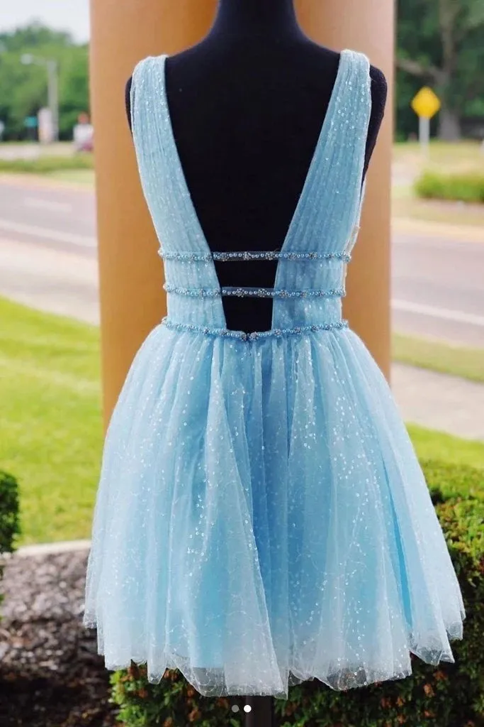 A-line Deep V-neck Beading Backless Tulle Short Homecoming Dress, HD0154