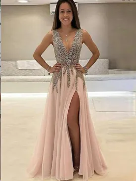 A-Line Deep V-Neck Sleeveless  Beaded Pink Tulle Prom Dress,Cheap Prom Dress,PDY0391