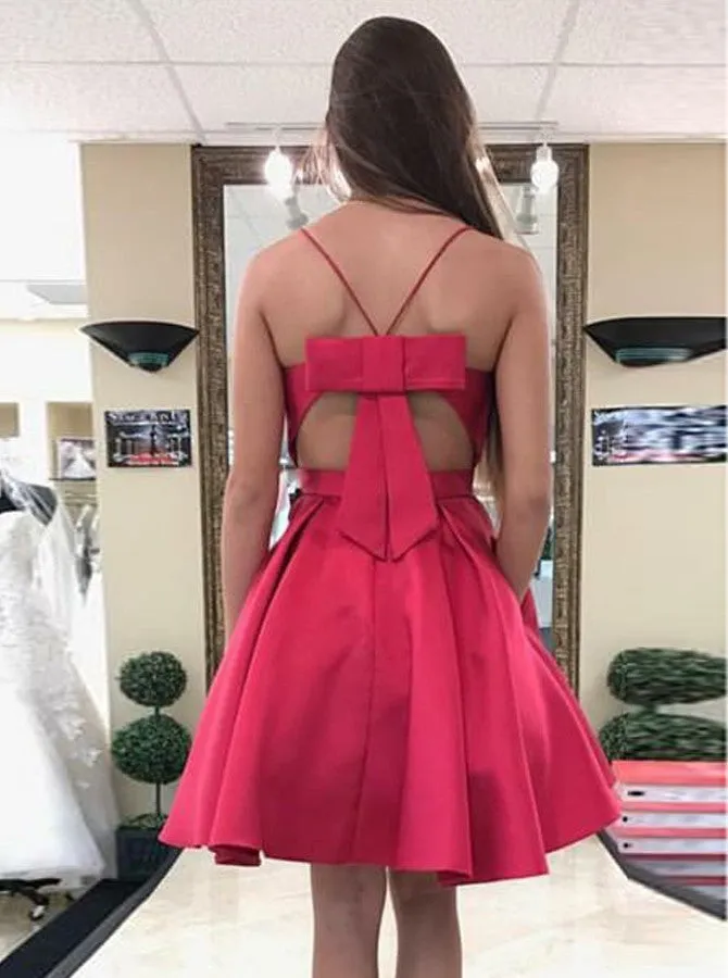 A-Line Spaghetti-straps Satin Bowknot Back Short Prom Dress OC119