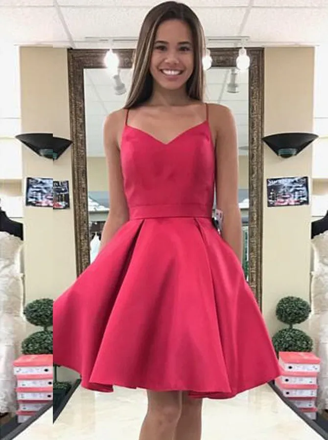 A-Line Spaghetti-straps Satin Bowknot Back Short Prom Dress OC119