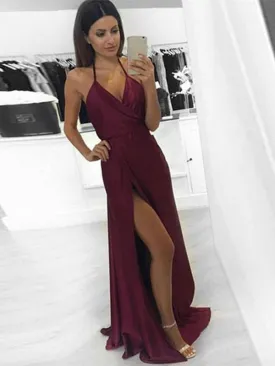 A Line V Neck Backless Maroon/Burgundy Long Prom Dress with Slit, Maroon/Burgundy Formal Dress