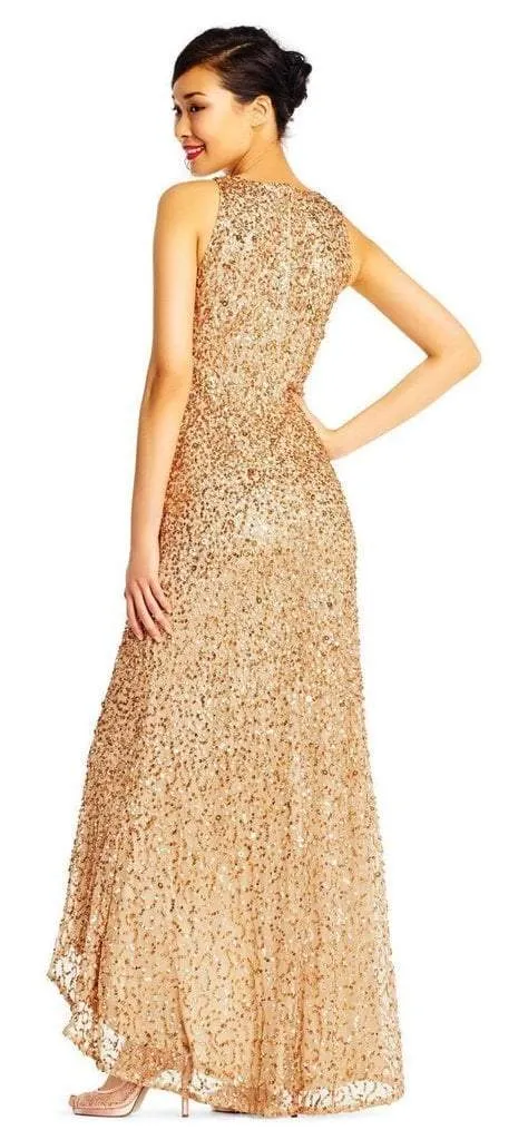 Adrianna Papell - High Low Sequin Beaded Sleeveless Gown AP1E201754 - 1 pc Champagne Gold In Size 16 Available