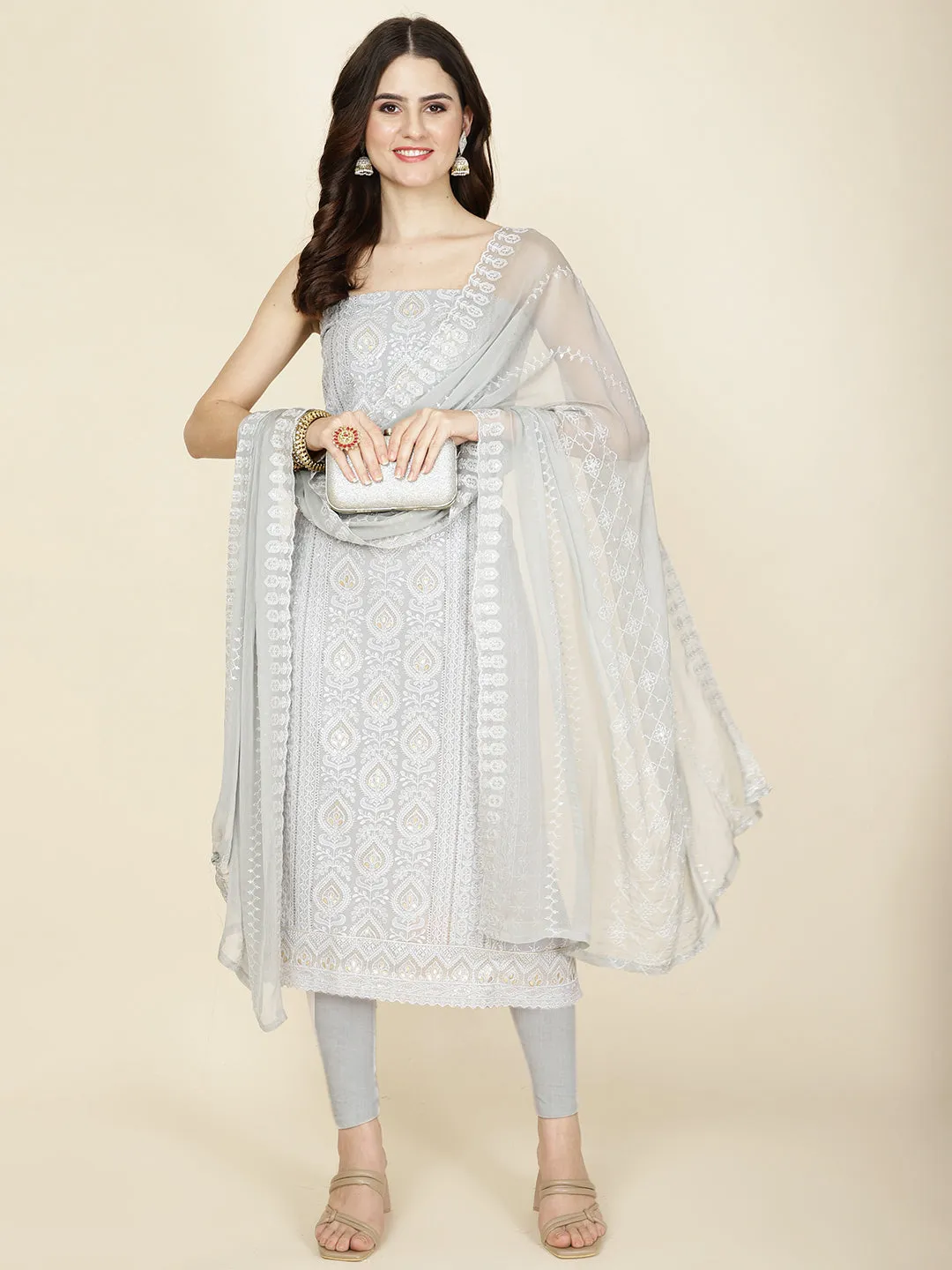 All Over Embroidered Georgette Unstitched Suit Piece With Dupatta