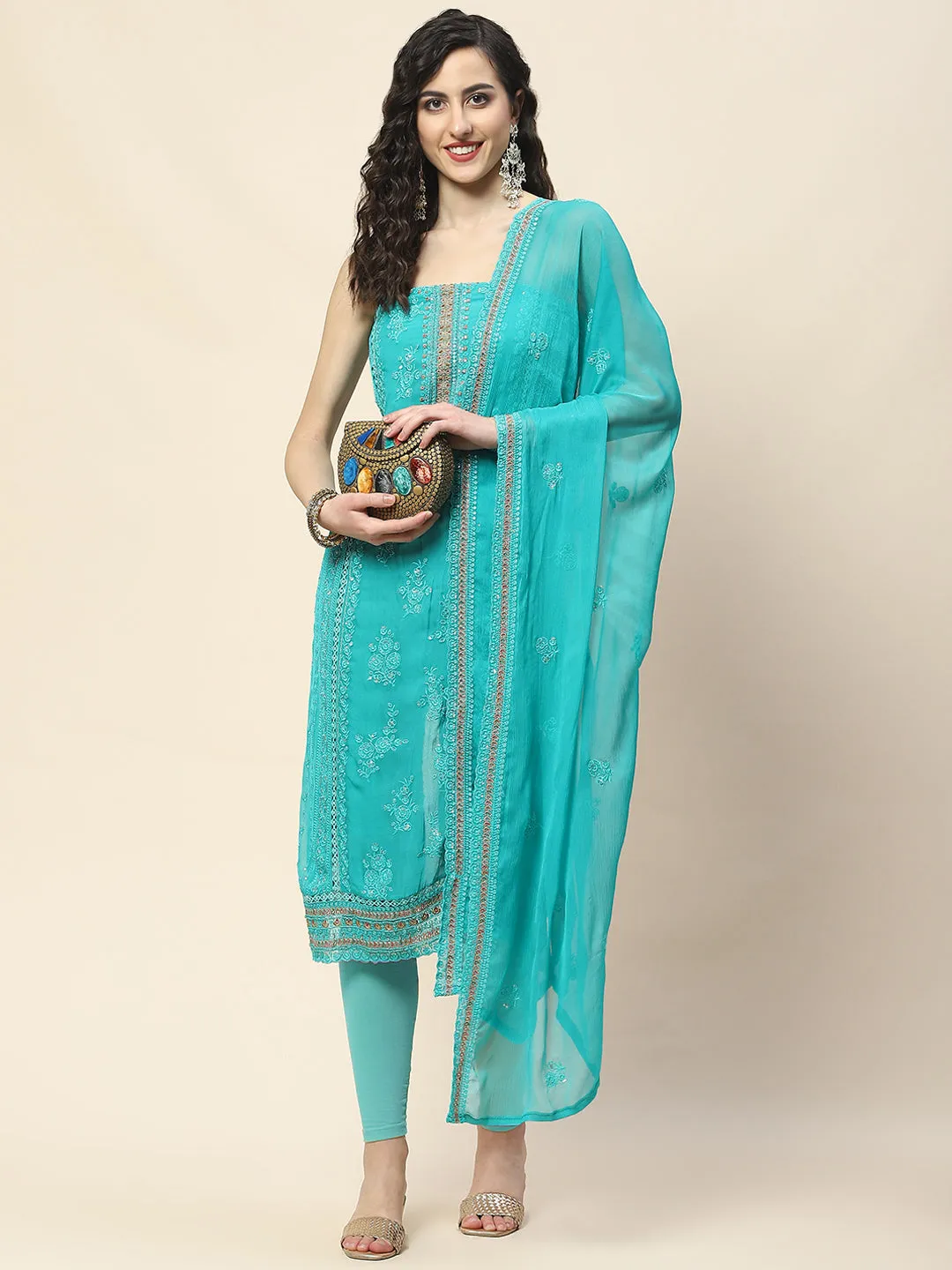 All Over Embroidery Chiffon Unstitched Suit Piece With Dupatta