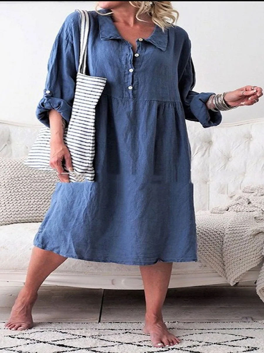 Autumn Cotton and Linen Lapel Loose Dress