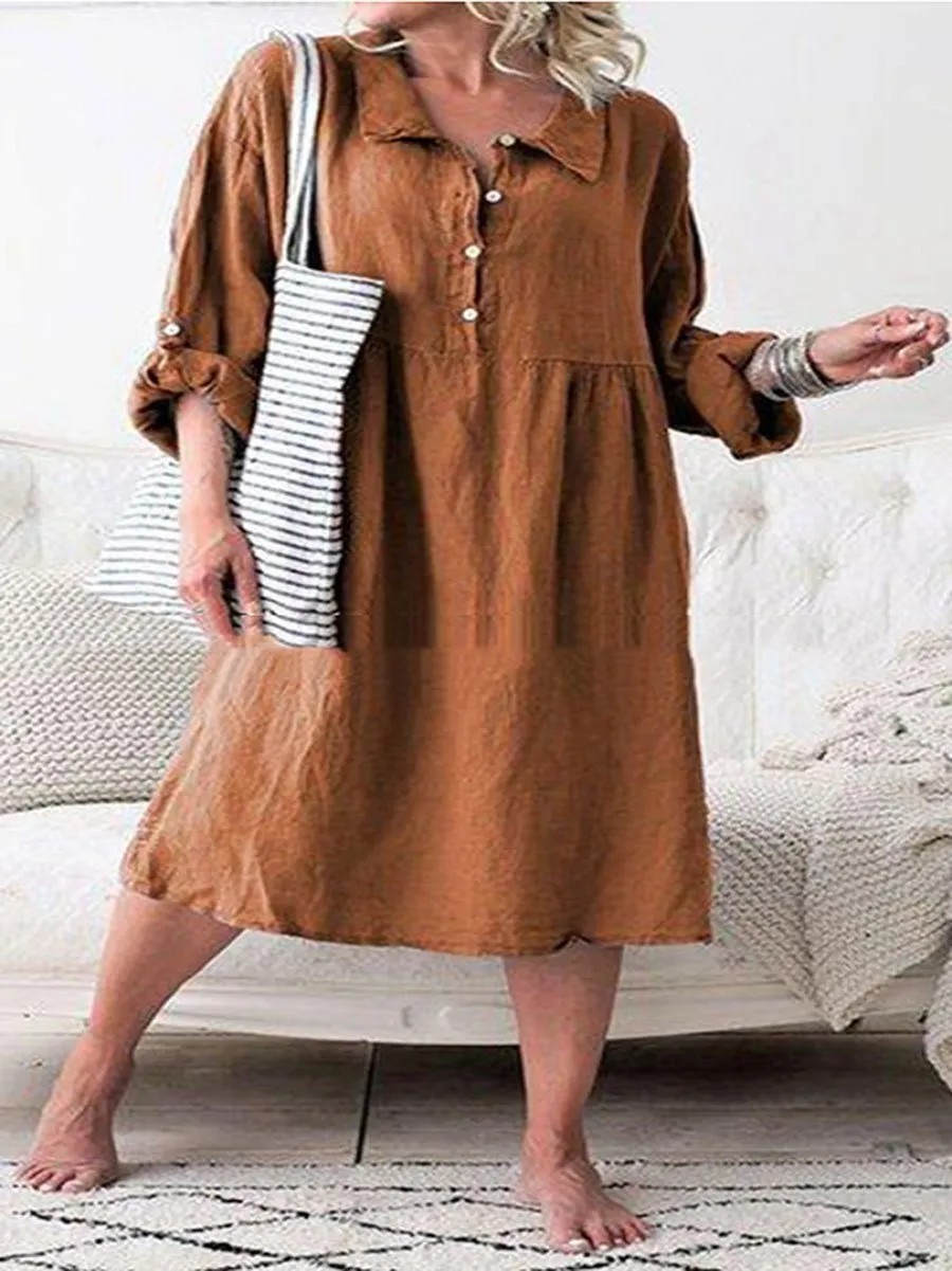 Autumn Cotton and Linen Lapel Loose Dress