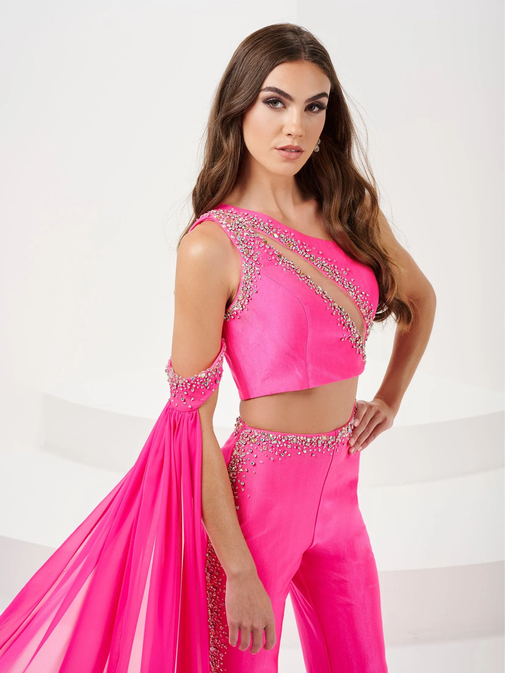 Beaded 2 Piece One Shoulder Pantsuit by Panoply 14165