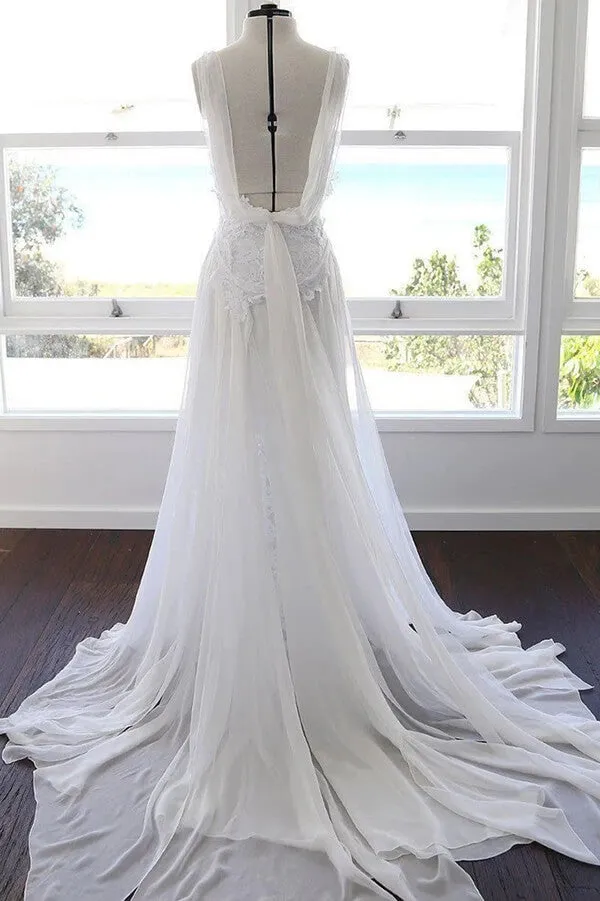 Beautiful White Lace Chiffon Spaghetti Straps Beach Wedding Dresses, SW372