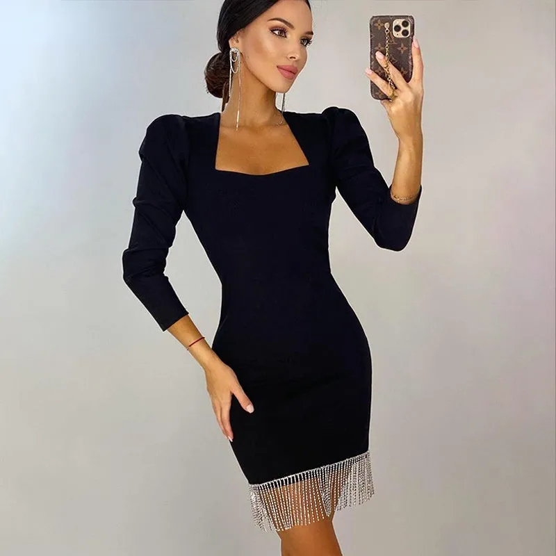 BerriesJam - 2024 Square Collar Long Sleeve Slim Tassel Party Dress