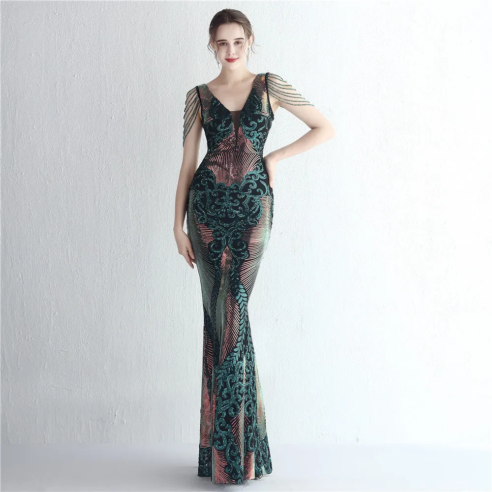 BerriesJam - 2024 V-Neck Beading Formal Mermaid Sequin Party Prom Dress