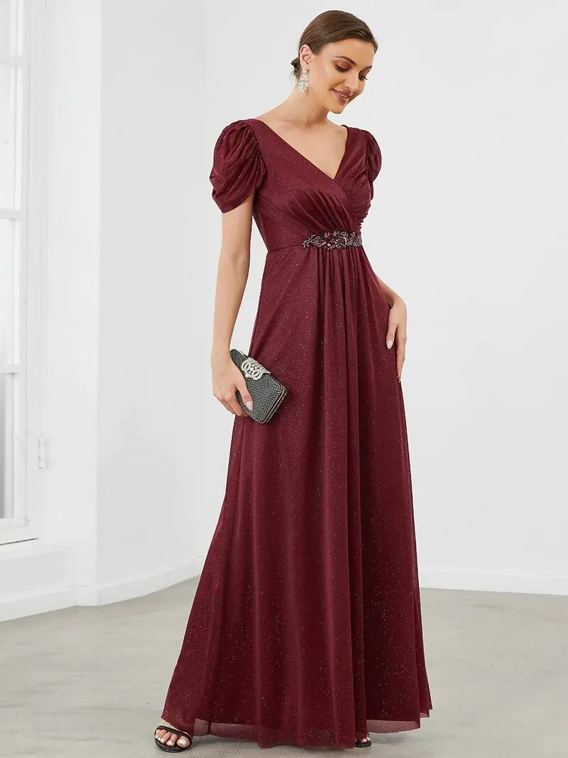 BerriesJam - A Line Deep V Neck Chiffon Puff Sleeves Backless Dress