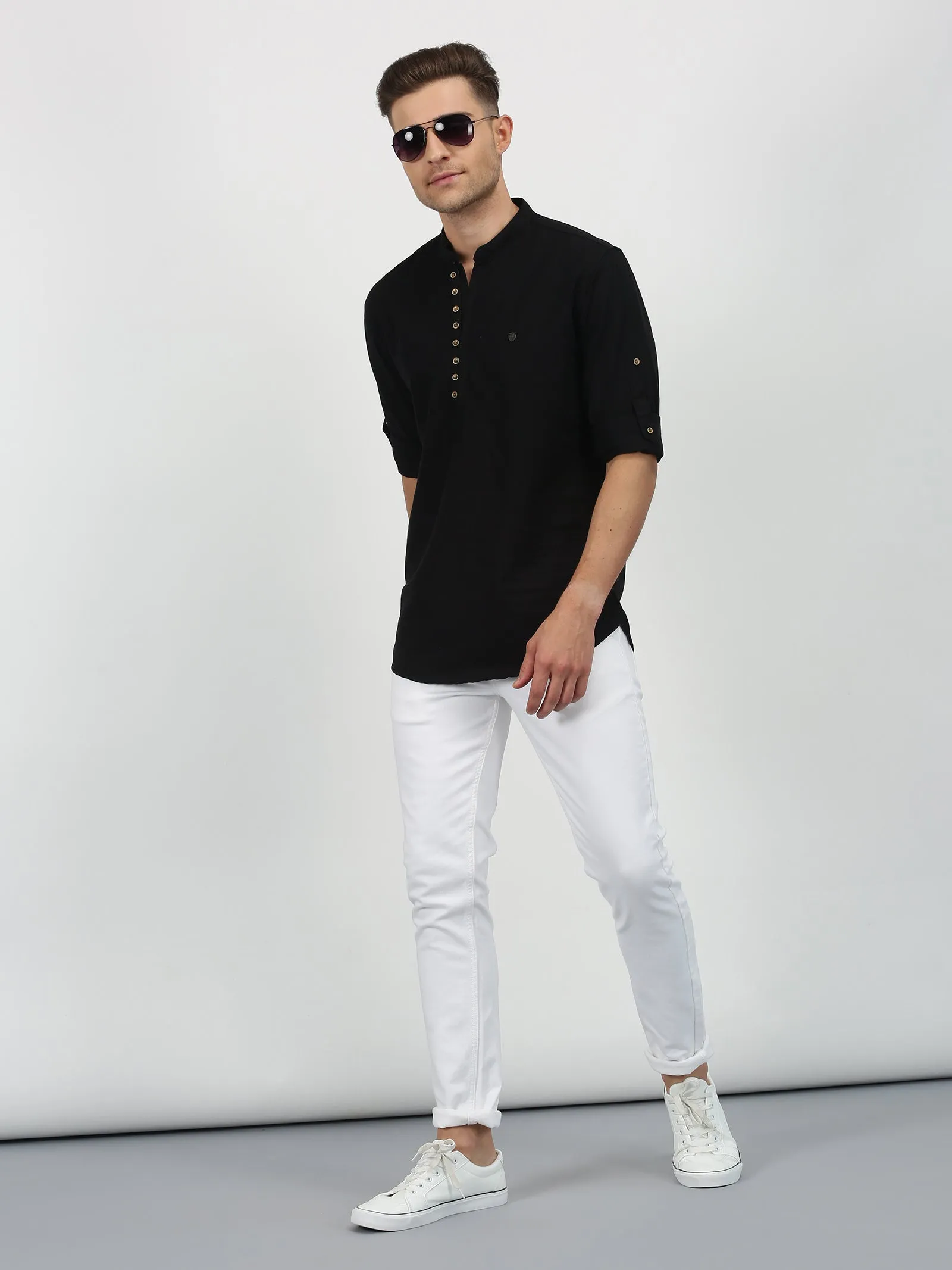 Black Solid Long Sleeve Casual Kurta