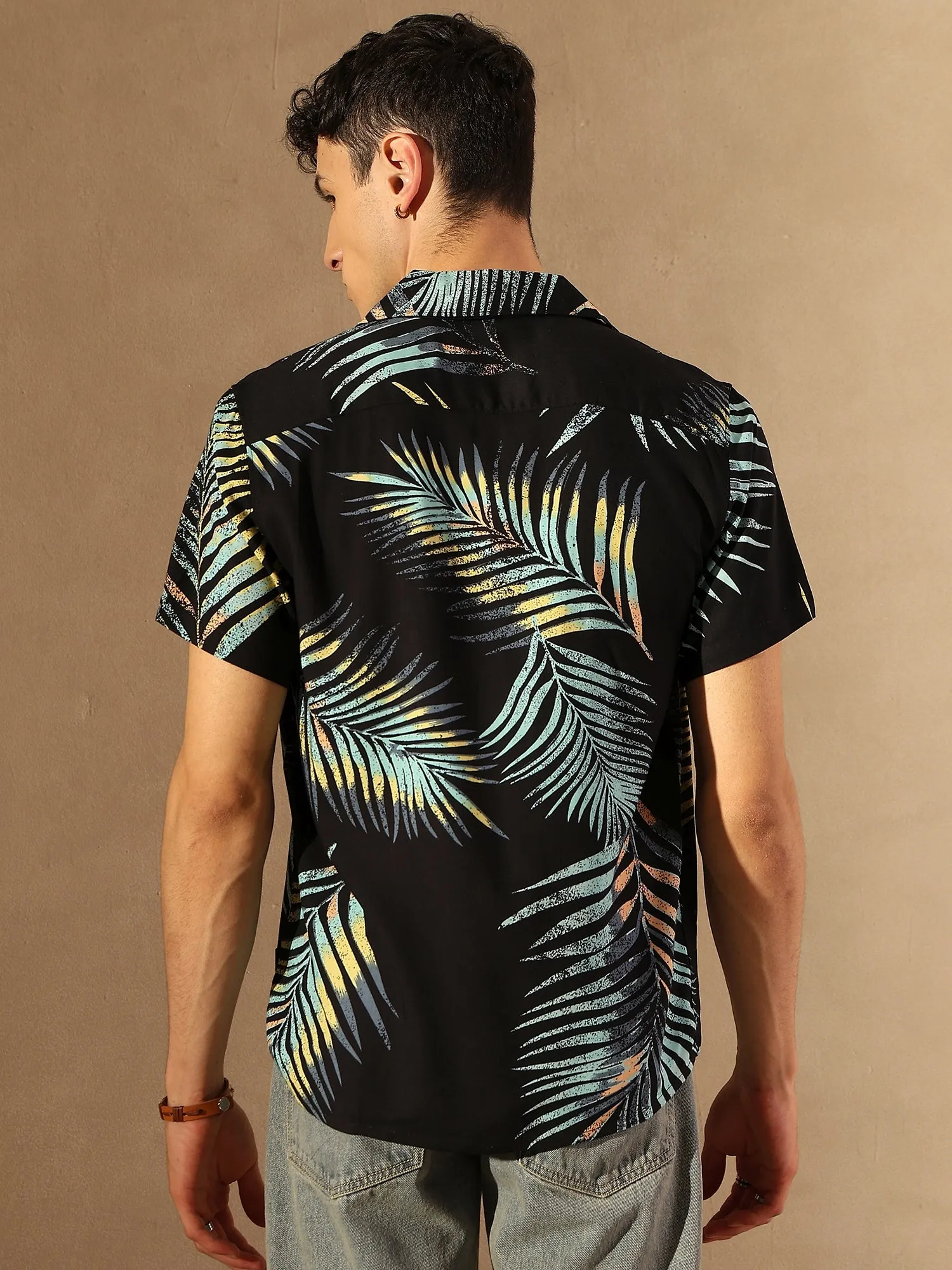 Black Tropical Print Oversized Casual Shirt