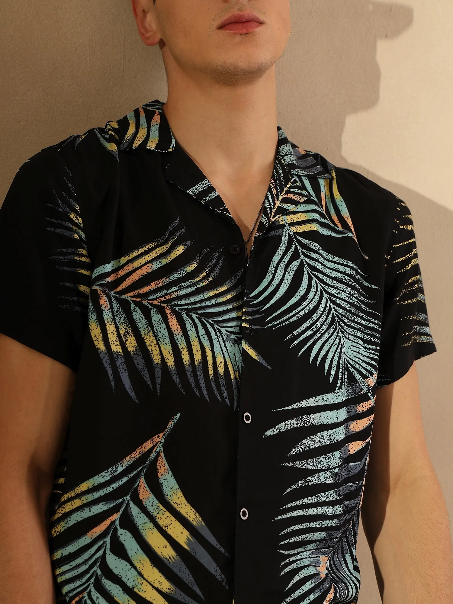 Black Tropical Print Oversized Casual Shirt