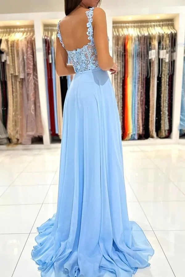 Blue Chiffon A-line Lace Appliques Prom Dresses, Long Formal Dresses, SP865