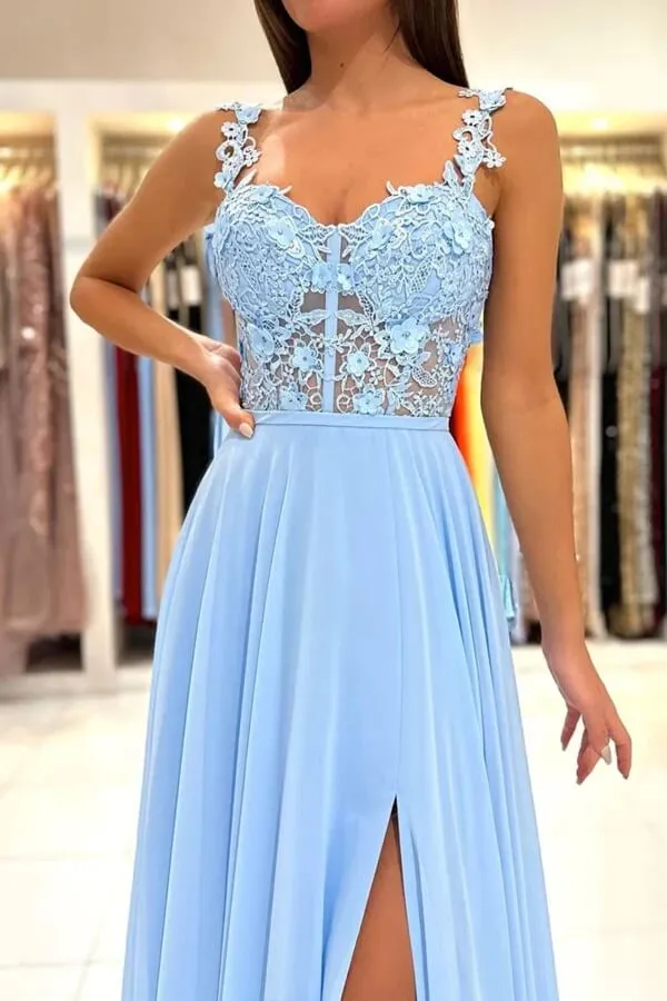 Blue Chiffon A-line Lace Appliques Prom Dresses, Long Formal Dresses, SP865