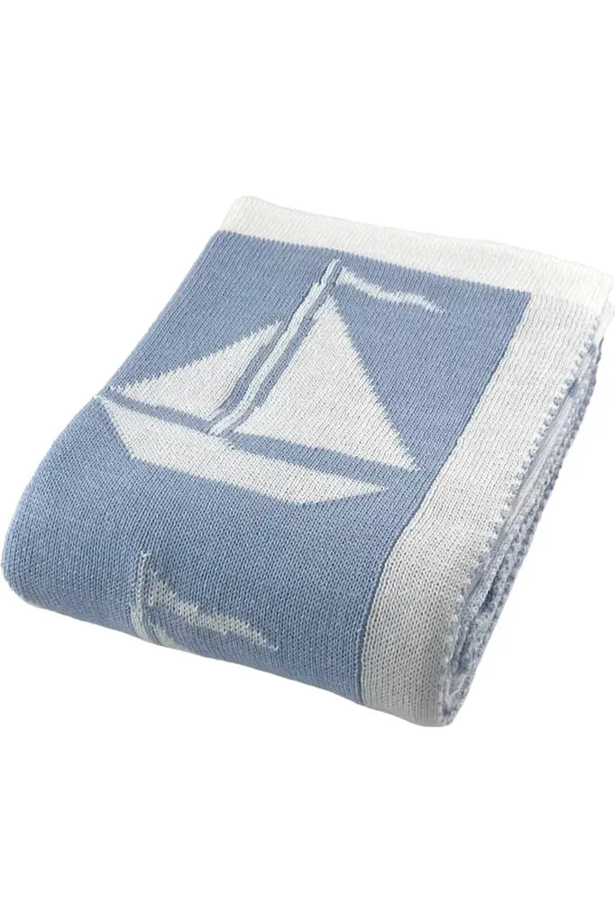 Blue/White Cotton Sailboat Baby Blanket