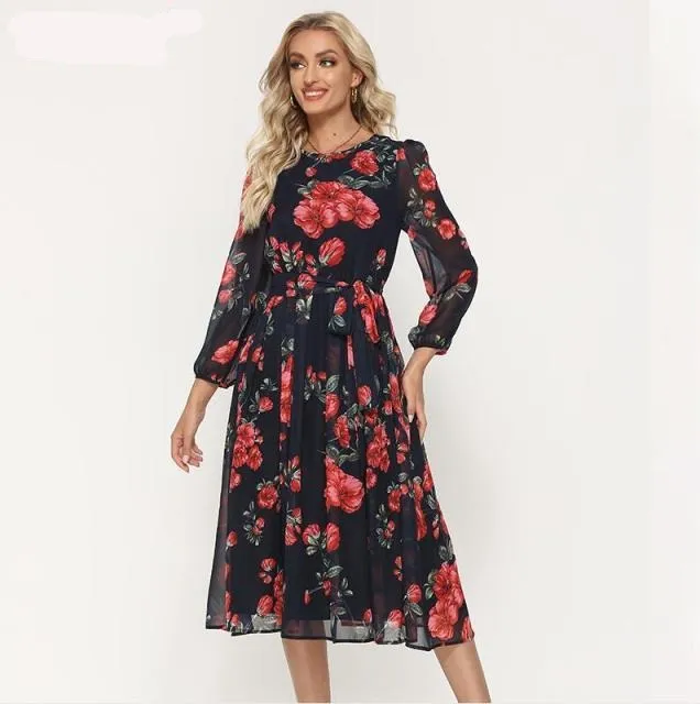 Bohemian Style Red Flower Printed Chiffon Dress