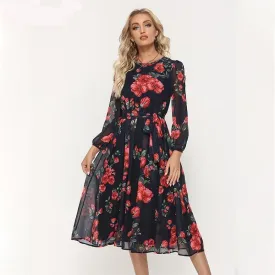 Bohemian Style Red Flower Printed Chiffon Dress