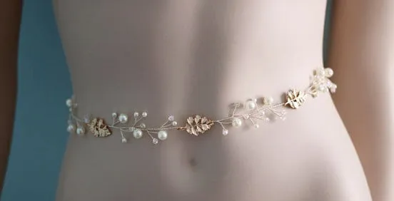 Bridal Sash Belt , Wedding Sash Belt , Golden Leaf Rhinestone Sash Belt , Pearl Wedding Sash, SA0032