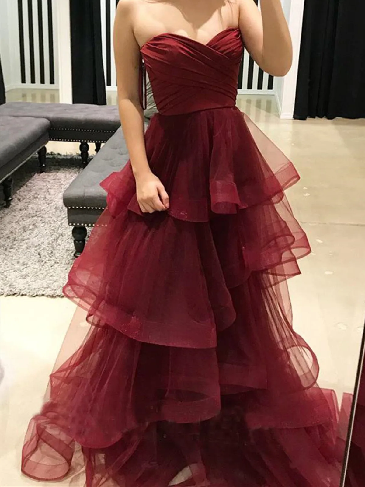 Burgundy Sweetheart Puffy Pleated Ruffles Long Prom Dresses，Burgundy Formal Evening Dresses