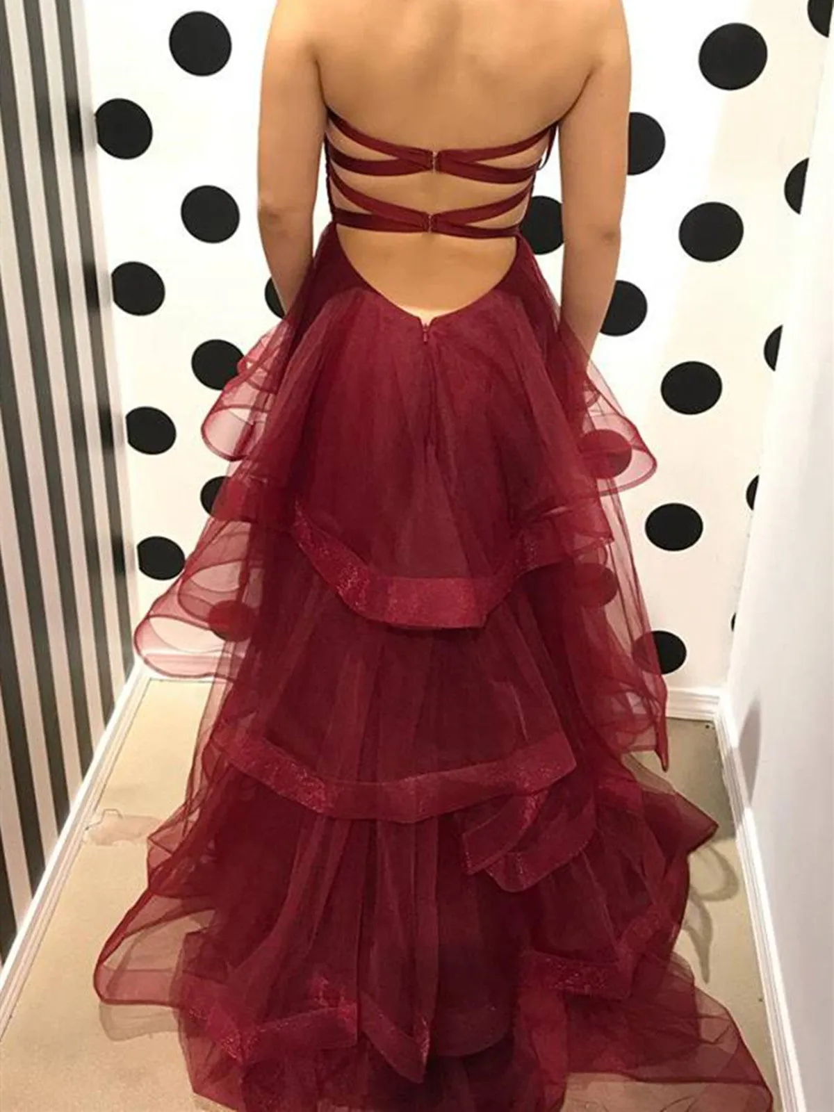 Burgundy Sweetheart Puffy Pleated Ruffles Long Prom Dresses，Burgundy Formal Evening Dresses