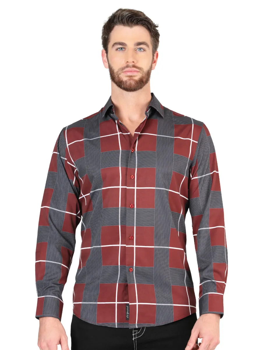 Camisa Casual Manga Larga Estampada Cuadros Burgandy para Hombre 'El Señor de los Cielos' - ID: 44603