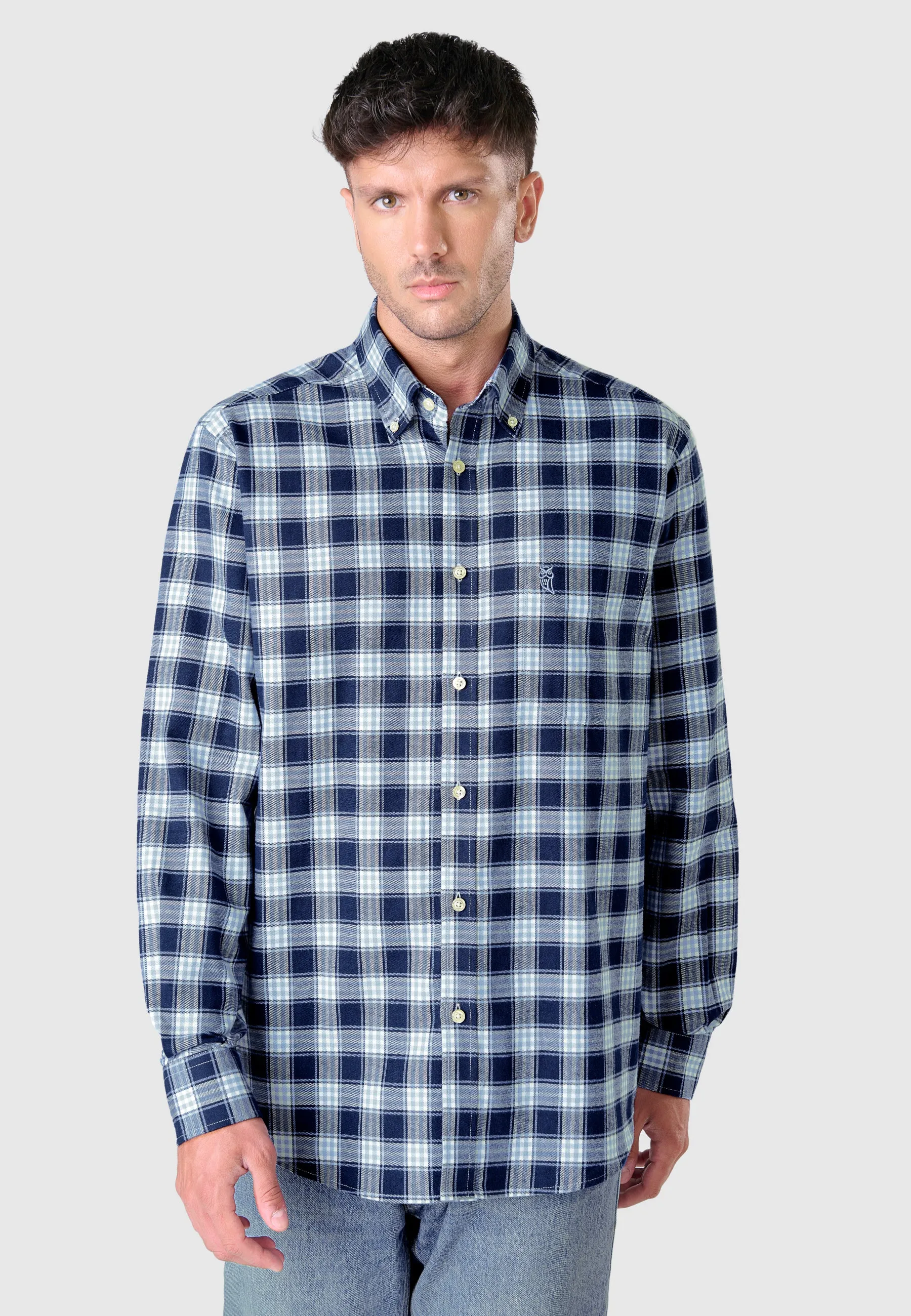 Camisa Hombre Manga Larga con Bolsillo Algodón Franela Cuadros - Azul 0400_36