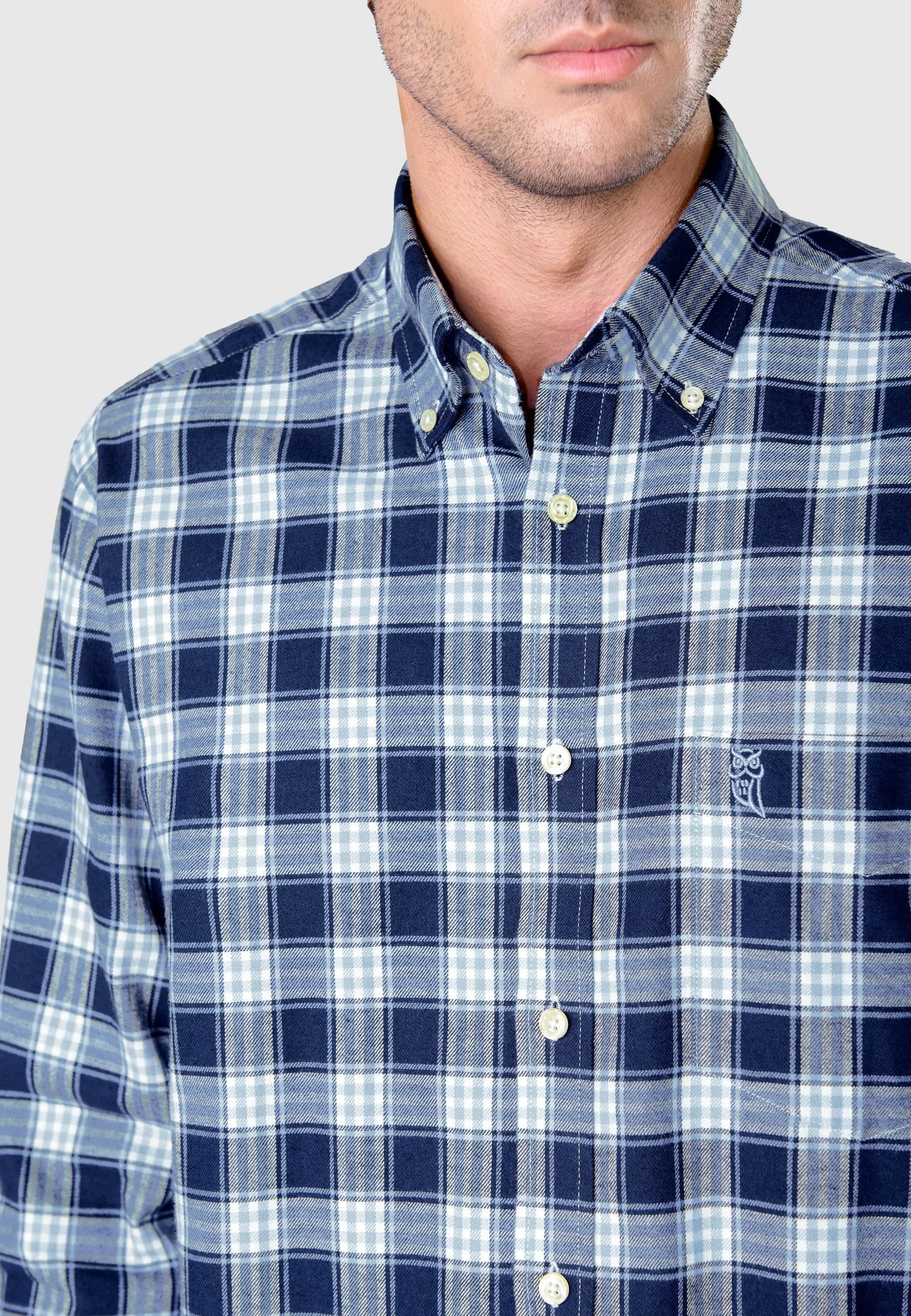 Camisa Hombre Manga Larga con Bolsillo Algodón Franela Cuadros - Azul 0400_36