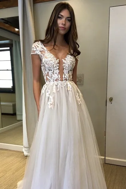 Cap Sleeve A-line Lace Tulle Long Backless Prom Dress Split Evening Dress OP312