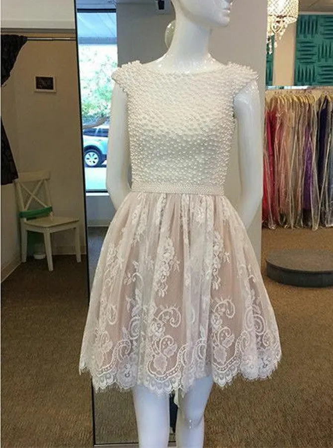 Cap Sleeves Ivory Bateau Lace Short Prom Dress With Pearls Party Dress OC106