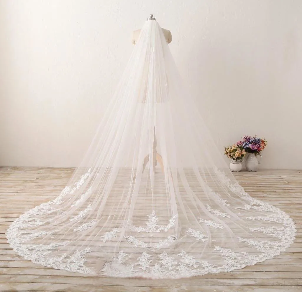 Cathedral Train Long Wedding Veil 3M Lace Applique Edge