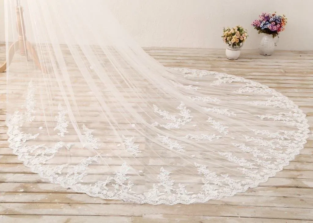 Cathedral Train Long Wedding Veil 3M Lace Applique Edge