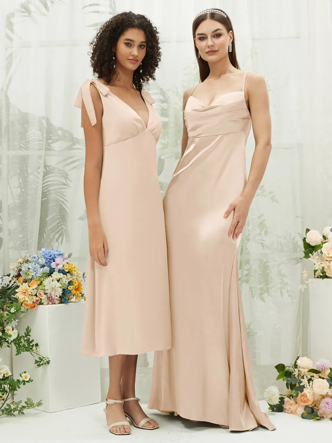 Champagne Satin Cowl Neck Adjustable Straps Backless Long Bridesmaid Dress