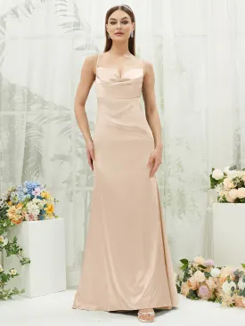 Champagne Satin Cowl Neck Adjustable Straps Backless Long Bridesmaid Dress