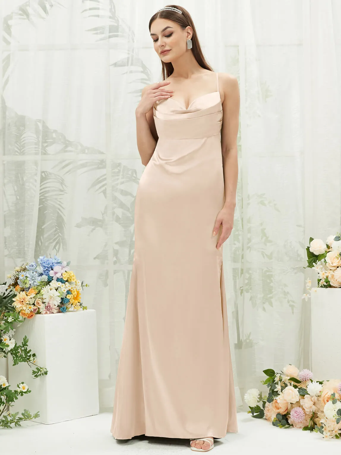 Champagne Satin Cowl Neck Adjustable Straps Backless Long Bridesmaid Dress