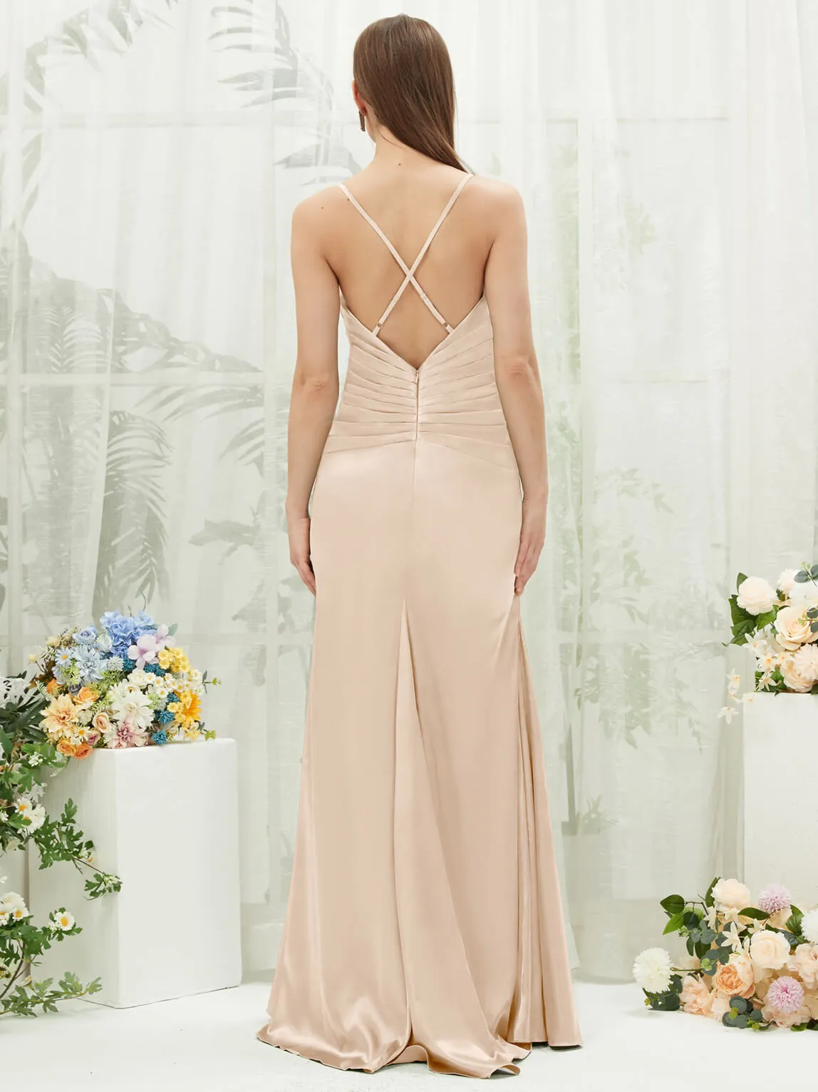 Champagne Satin Cowl Neck Adjustable Straps Backless Long Bridesmaid Dress