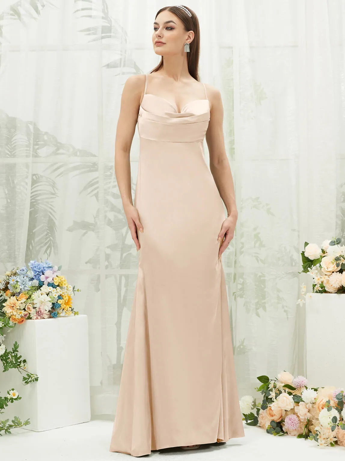 Champagne Satin Cowl Neck Adjustable Straps Backless Long Bridesmaid Dress