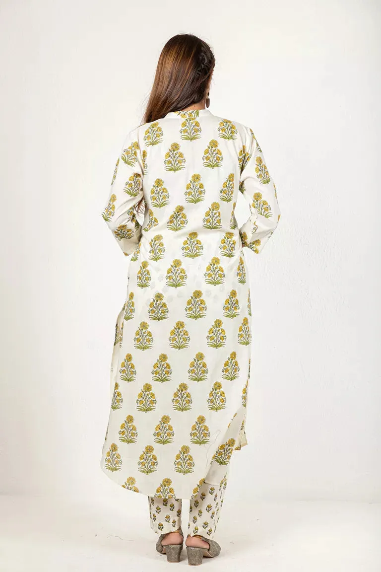 Cream & Green Cotton Printed Kurta With Pants Set