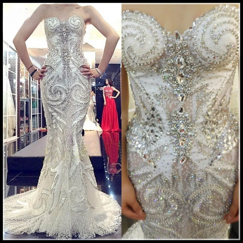 Custom Made Luxurious Sexy Mermaid Wedding Dresses Sweetheart Crystal Beaded Diamond Long Formal Bridal Gowns WD07M